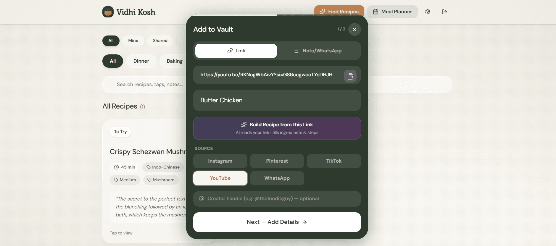 Vidhikosh — paste any recipe URL to add to your vault